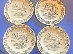 Bucks County Royal China Yellow Salad Plates 7 1/4" Set Of 4 Amish Farm Scene - Picture 1 of 5