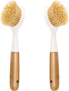 2 Pack Kitchen Dish Brush Bamboo Handle Dish Scrubber Built-in Scraper - Picture 1 of 4