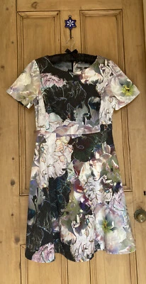 COAST Floral Fit Flare Lilac/Grey/Cream Structured Flared Dress UK12 US8 FR40 - Image 1 of 4