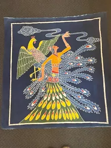 Vintage Pfau Vögel Göttin Batik Stoff Kunst 33,5" x 35" - Bild 1 von 6