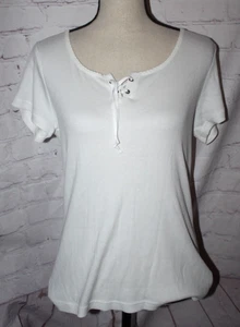 Faded Glory Women's White Short Sleeve Ribbed Cotton Tee Shirt w/Lace Up Neck L - Picture 1 of 3