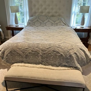Vintage Morgan Jones Twin Coverlet Bedspread Jacquard Blue Cottage Fringe - Picture 1 of 14