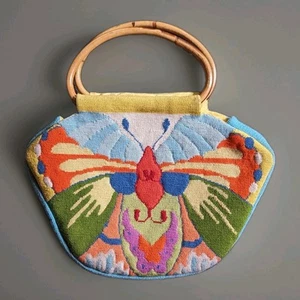 Vintage 1970er Kunsthandwerk psychedelisch Schmetterling Gapstry Kreuzstich Handtasche Tasche - Bild 1 von 11