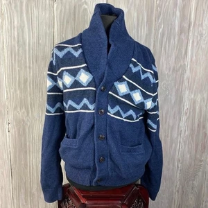 Gap Men's Sweater Geo Fair Isle Shawl Cardigan Size XL Blue Cotton Wool Cashmere - Picture 1 of 15
