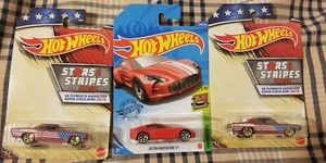 3 Hot Wheels Cars ~ 2 Stars & Stripes Series Plymouth Barracudas 1 Aston Martin - Picture 1 of 1