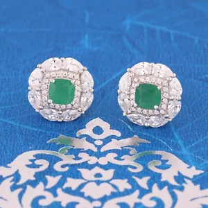 3 Ct Cushion Cut Lab-Created Green Emerald and CZ Halo Stud Earrings 925 Silver - Picture 1 of 10