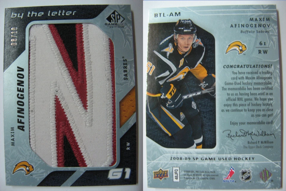 2008-09 SP Game Used Edition By the Letter Maxim Afinogenov 8/10 N 1/1 nameplate - Image 1 of 1