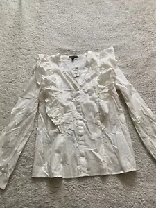 Express Women Pleated Long Sleeve Button-Up V-Neck Shirt Beige Size S Cotton - Picture 1 of 11