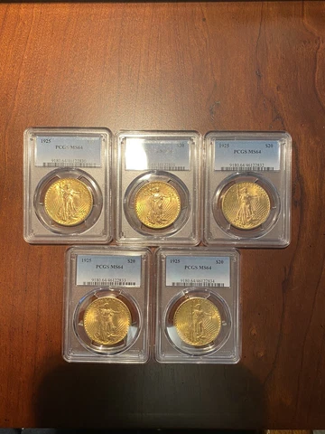 Lot of Five - 1925 $20 Saint Gaudens Gold PCGS MS64 Consecutive Reg #’s Cover
