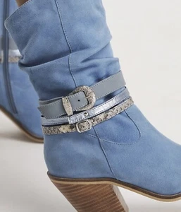 Joe Browns Bayou Blue Triple Strap Suede Cowboy Boot Ruched Extra Wide Fit UK6