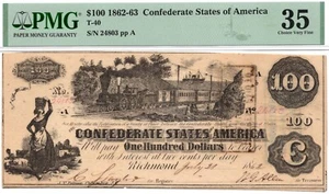 1862-63 $100 Confederate States of America T-40 Banknote - PMG VF35! Attractive! - Picture 1 of 5