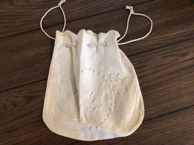 Antiguo bolso eduardiano con cordón de lino bordado Whitework Foto 1 de 3