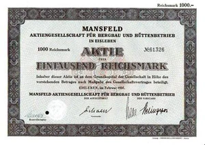 Lot 100 X Mansfeld Aktiengesellschaft für Bergbau und Hüttenbetrieb 1937 1000 RM - Bild 1 von 1