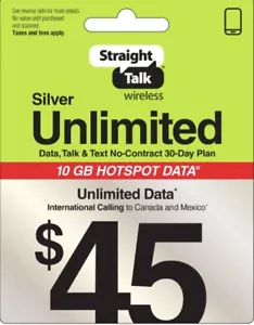Straight Talk Rob Refill Card 30 Day $45 Prepaid Unlimited Data Plan TOP UP NOW - Picture 1 of 2