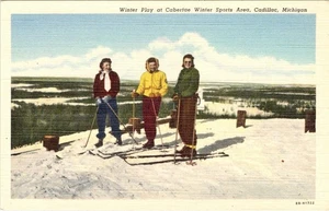 Postal de esquí de Cadillac, MI Michigan MUJERES ESQUIADORAS ~ ÁREA DE ESQUÍ CABERFAE ca1940 - Imagen 1 de 2