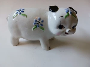 Vintage Porcelain Handpainted Pig Blue Flowers Whimsical 6 X 3.5 Inches - Picture 1 of 13