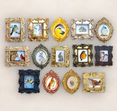 mini paintings & prints in vintage style ornate frame, mini art, birds & animals - Image 1 of 4