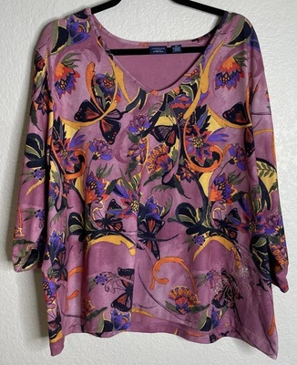 Westbound Womens 2X Embellished Colorful Floral Butterfly Blouse Top Boho Fairy - image 1 of 4