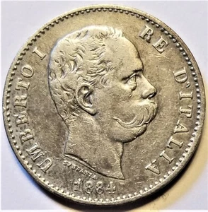 1884-R Italia 1 lira - moneta argento VF - Re Umberto I - stemma sabaudo - Foto 1 di 4
