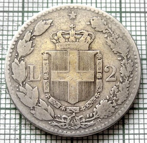 ITALY King UMBERTO I 1887 2 LIRE, SAVOIA COAT OF ARMS 0.835 SILVER - Picture 1 of 6