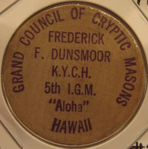 Vintage Grand Council of Cryptic Masons Hawaii Wooden Nickel - #2 Token HI - Picture 1 of 2