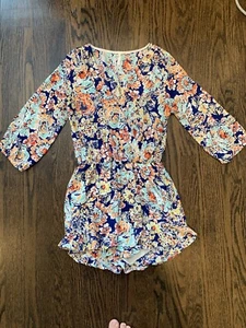 SALBEI Strampler Jumpsuits Damen XS blau gelb Blumen Print Puff 3/4 Arm Rüschen - Bild 1 von 10