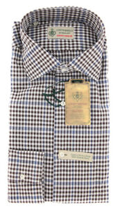 New $375 Luigi Borrelli Brown Check Shirt - Extra Slim - M/M - (EV21561RIO)