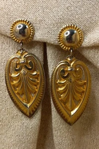 Vintage Clip Ons Big Statement Earrings Gold-Tone Dangle Pendants Pre Owned 80s - Picture 1 of 7