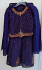 Wedding Party Indian Pakistani 3 P Set Skirt Blouse Scarf Beaded Blue Gold Small