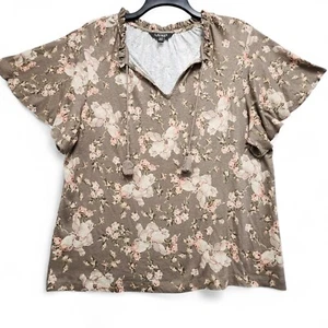 Lauren Ralph Lauren Black Label Top Womens 1X Linen Floral Tassel Flutter Sleeve - Picture 1 of 13