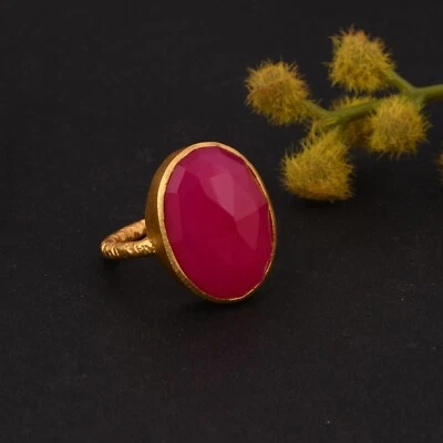 Anel grande folheado a ouro 18k calcedônia rosa formato oval tamanho todos os tamanhos disponíveis - Imagem 1 de 4