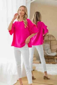 SEW IN LOVE ROUND NECK RUFFLE SLEEVE TOP-HOT PINK-LARGE PERFECT FOR SPRING-NEW!! - Picture 1 of 3