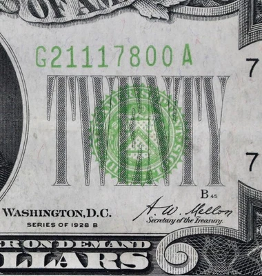 $20 1928B light vivid yellow-green FRN G21117800A twenty $ series B, Chicago - Image 1 of 3