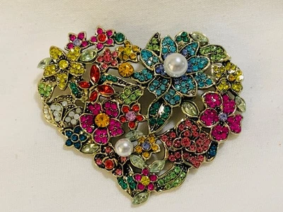 Новый 2 1/2" H x 3" W золотой тон несколько цветов стразы 2 искусственного жемчуга сердце заколка - Изображение 1 из 2
