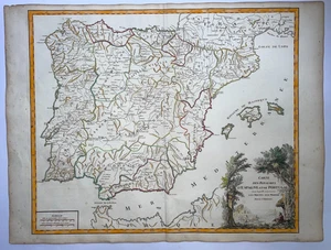 SPAIN PORTUGAL POST ROADS c. 1750 ROBERT DE VAUGONDY LARGE ANTIQUE MAP - Picture 1 of 10