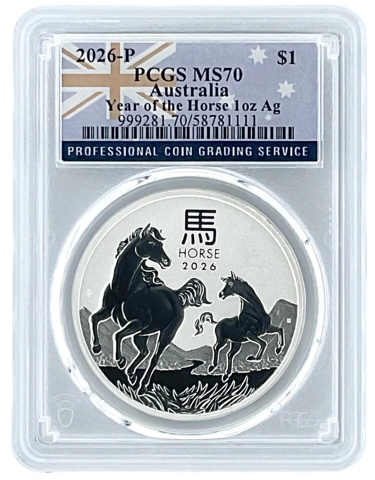 2026 Australia 1 oz plata caballo lunar graduación profesional MS70 - etiqueta bandera Foto 1 de 2
