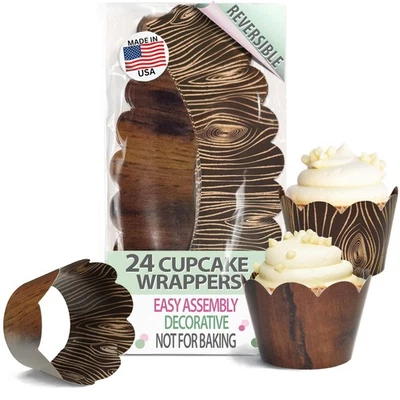 Embalagens de cupcake rústicas de grão de madeira para chá de bebê casamento 24 unidades reversíveis - Imagem 1 de 4
