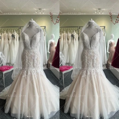 Vestidos de noiva champanhe sereia gola V profunda trem aplique de renda vestidos de noiva - Imagem 1 de 4