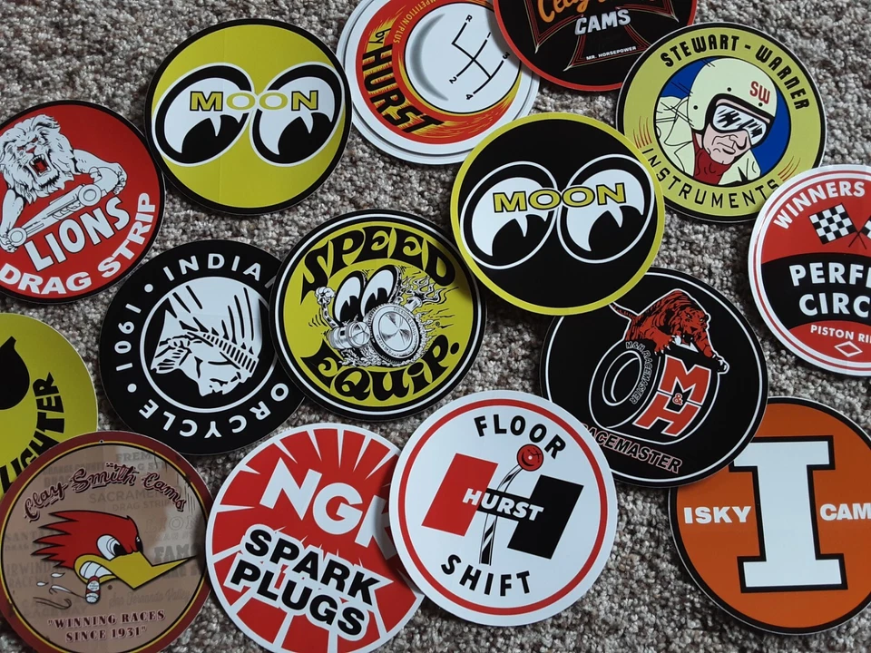  15 calcomanías clásicas de carreras pegatinas NHRA Nascar Gasser Moon Eyes Hurst Isky M&H  Foto 1 de 4