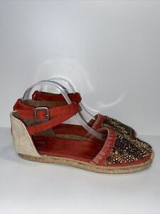BACIO 61 Red Suede Sequined Ankle Strap Espadrille Sandal Womens Size 8