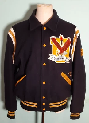Vtg DeLong 2001 Eagles Varsity Jacket XL Navy Blue Wool Yellow White Leather USA - Image 1 of 4