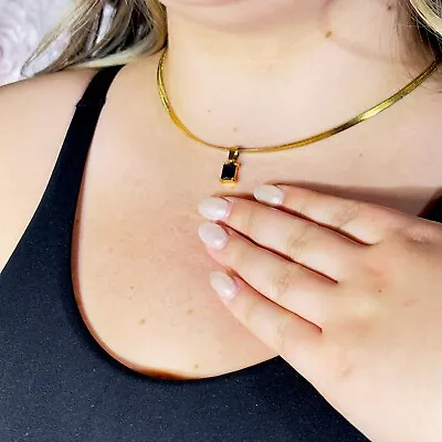 Black Obsidian CZ Snake Chain Necklace– 18K Gold -Emerald Cut-Birthstone Jewelry - Image 1 of 4