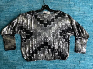 Camicetta vintage Judith Ann Creations S nero argento 100% seta paillettes art deco - Foto 1 di 9