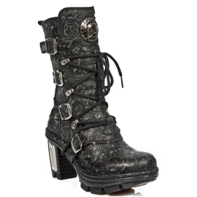 New Rock NEOTR005-S25 Ladies Leather Boots Vintage Floral Black Gothic Rock Punk - Image 1 of 4