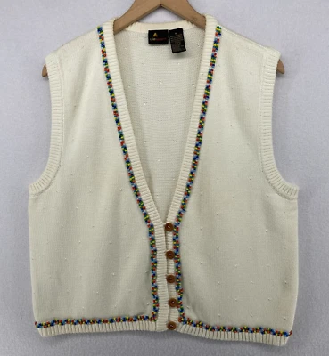 Suéter LIZ SPORT M LIZ CLAIBORNE Cuentas Botón Delantero Abuelo Chaleco Blanco De Colección Foto 1 de 4