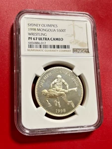 SYDNEY OLYMPICS 1998 MONGOLIA SILVER S500T WRESTLING NGC PF 67 ULTRA CAMEO - Picture 1 of 2