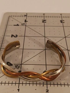 SIGNED VINTAGE Renee Lepre Cuff Bracelet Mixed Metals Unisex Jewelry 3 METALS - Picture 1 of 5