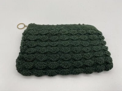Vintage Green Cloth Crocheted Purse Clutch Finger Belt Strap Zipper 7" X 5" - Image 1 of 4