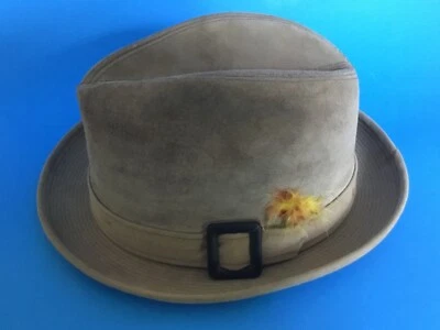 DE COLECCIÓN SOMBRERO DE CUERO DE GAMUZA TOSTADO PIEL DE CERDO TERCIOPELO PARA HOMBRES FEDORA DOBBS 6-7/8 EE. UU. GÁNGSTER A- Foto 1 de 4