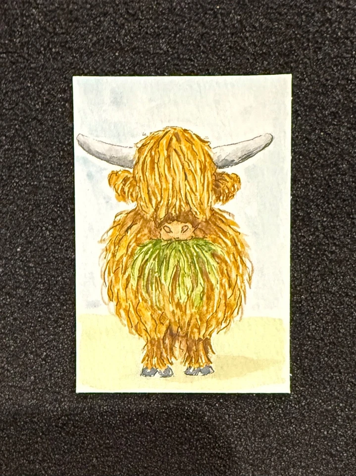 ACEO Original Watercolor and Pen Painting Highland Cow  Brand New! Signed! - Image 1 of 1